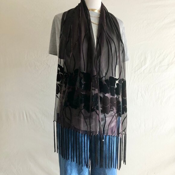 Vintage Accessories - Vintage 90s Silk & Velvet Sheer Neck Scarf Brown Black Floral Design Tassle Trim